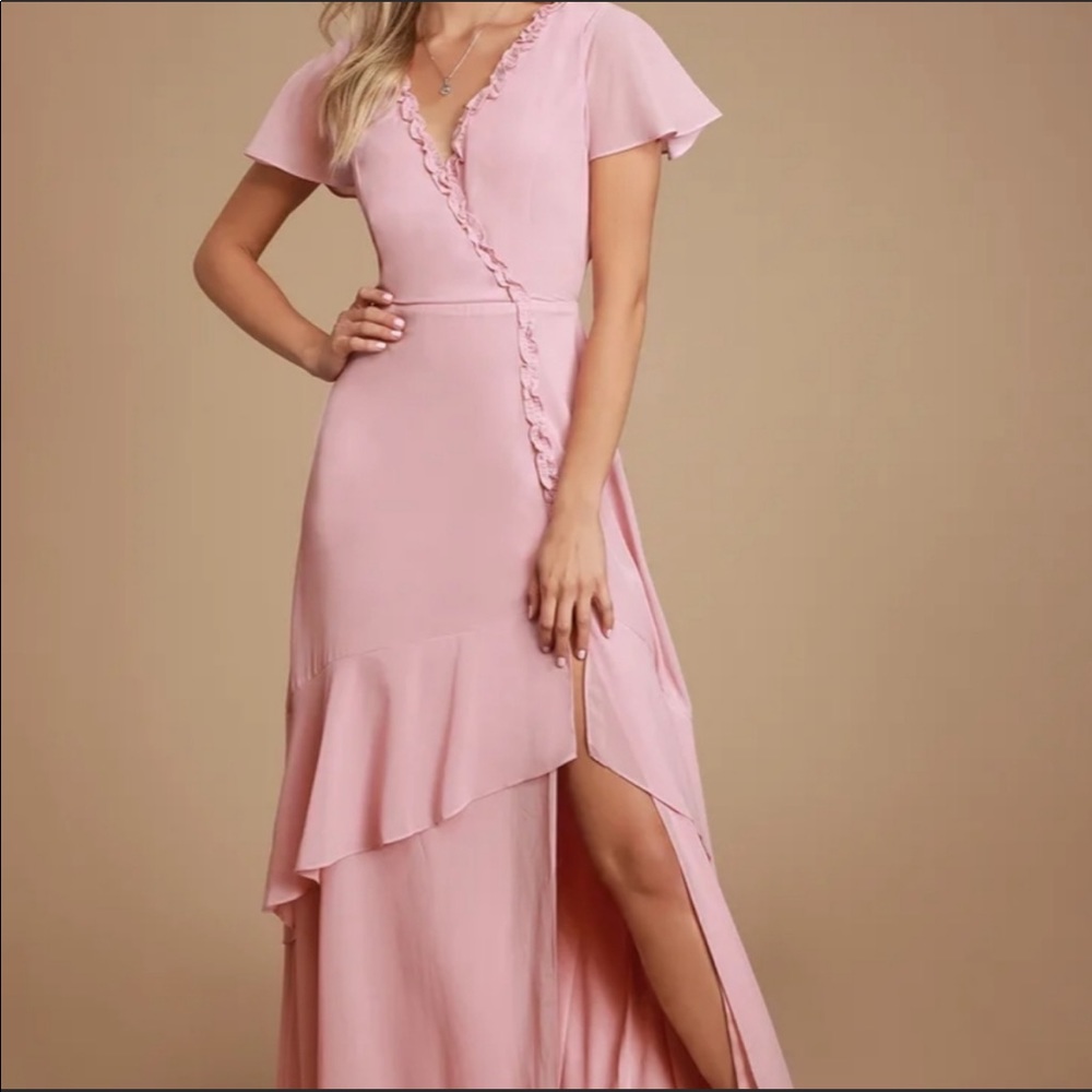 Lulu’s Pink Ruffle Backless Maxi with Slit